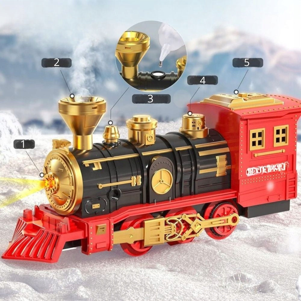 Elektrinis traukinukas su pulteliu, su vagonais ir 450 cm ilgio bėgiais. Kalėdinis traukinys.