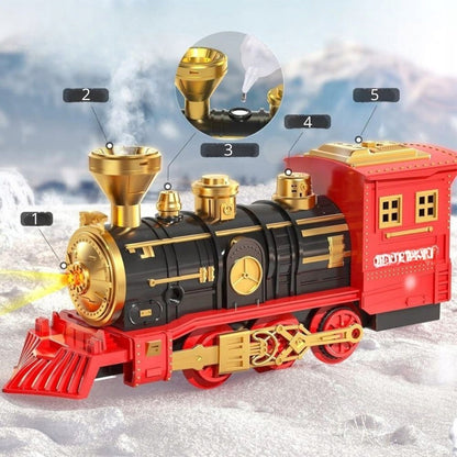 Elektrinis traukinukas su pulteliu, su vagonais ir 450 cm ilgio bėgiais. Kalėdinis traukinys.