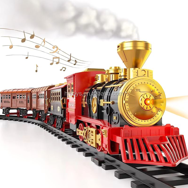 Elektrinis traukinukas su pulteliu, su vagonais ir 450 cm ilgio bėgiais. Kalėdinis traukinys.