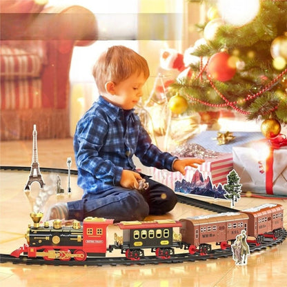 Elektrinis traukinukas su pulteliu, su vagonais ir 450 cm ilgio bėgiais. Kalėdinis traukinys.