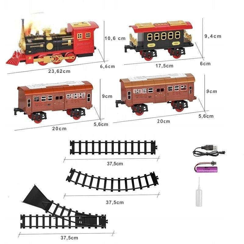 Elektrinis traukinukas su pulteliu, su vagonais ir 450 cm ilgio bėgiais. Kalėdinis traukinys.