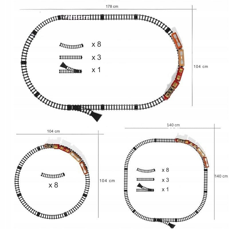 Elektrinis traukinukas su pulteliu, su vagonais ir 450 cm ilgio bėgiais. Kalėdinis traukinys.