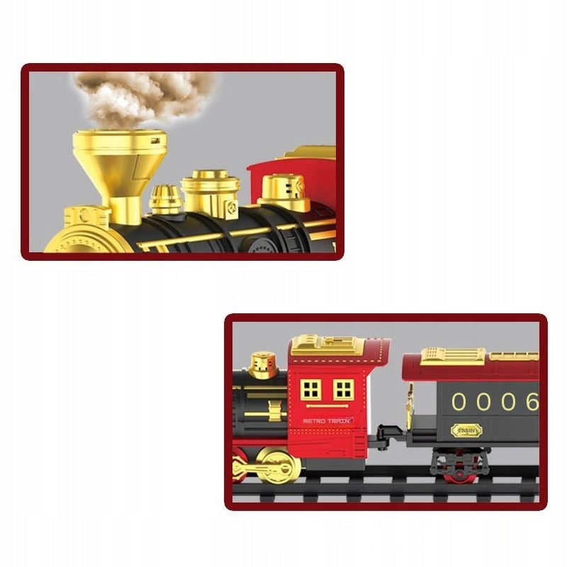 Elektrinis traukinukas su pulteliu, su vagonais ir 450 cm ilgio bėgiais. Kalėdinis traukinys.