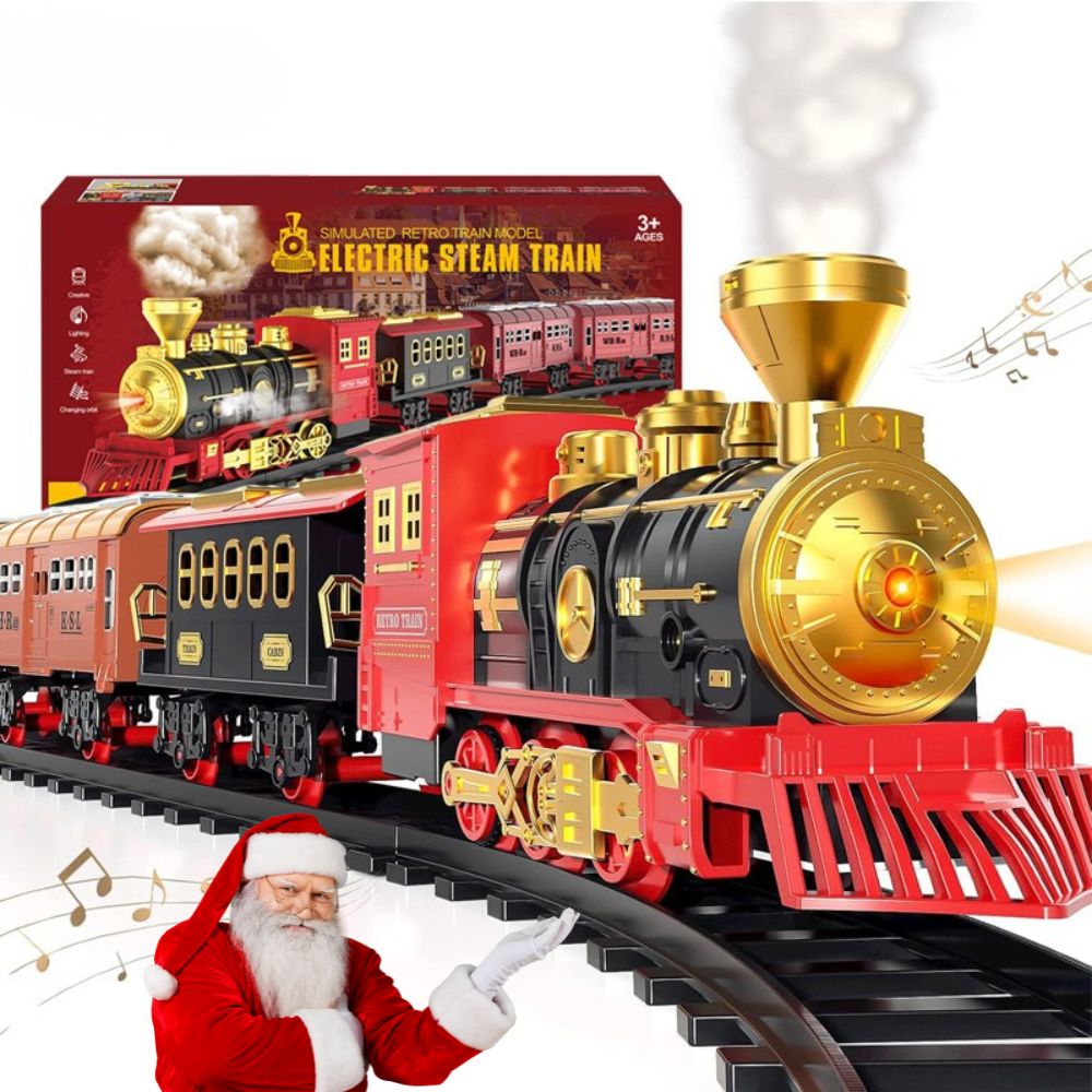 Elektrinis traukinukas su pulteliu, su vagonais ir 450 cm ilgio bėgiais. Kalėdinis traukinys.