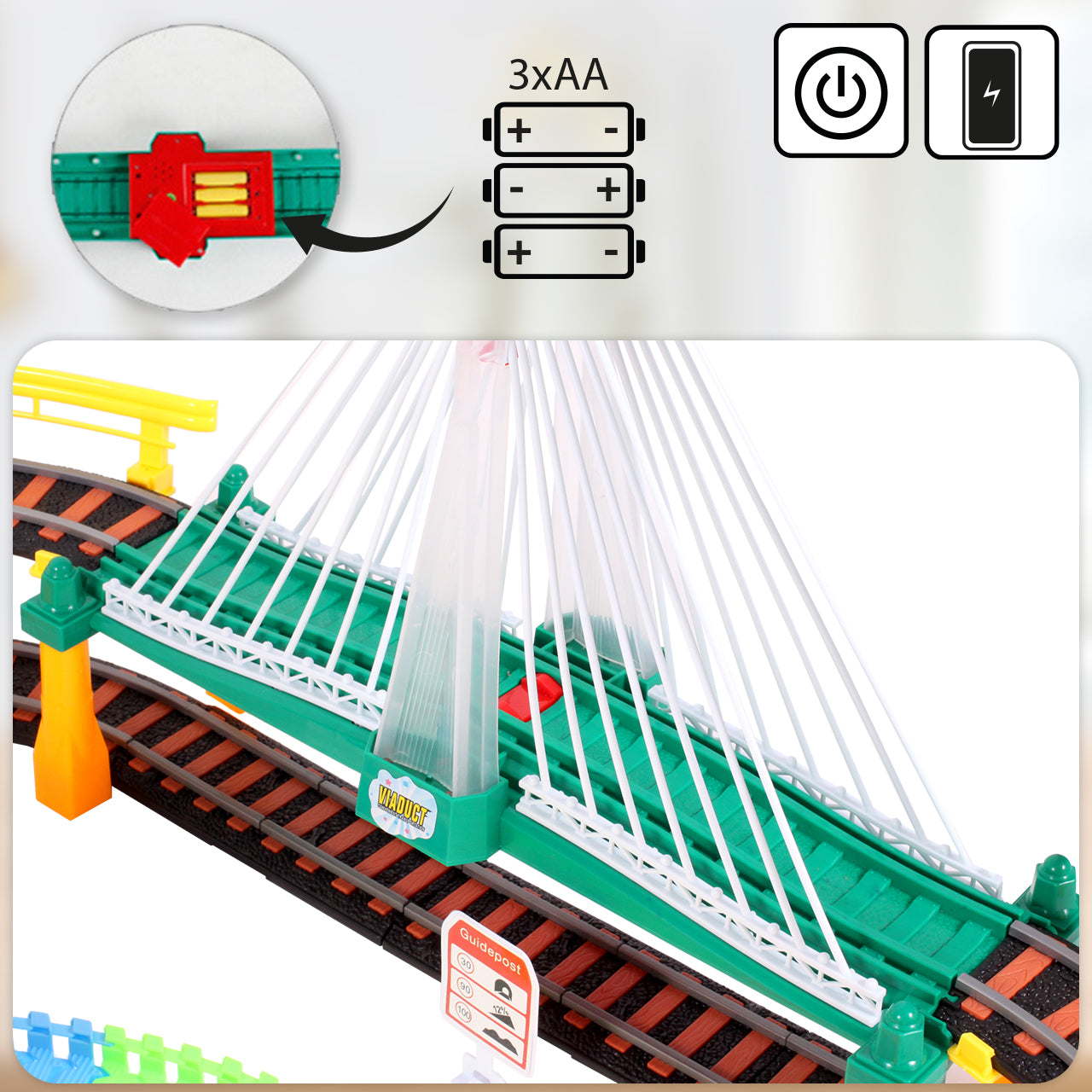 Elektrinis traukinukas, lokomotyvas, atjungiami vagonai, 700 cm lenktynių trasa