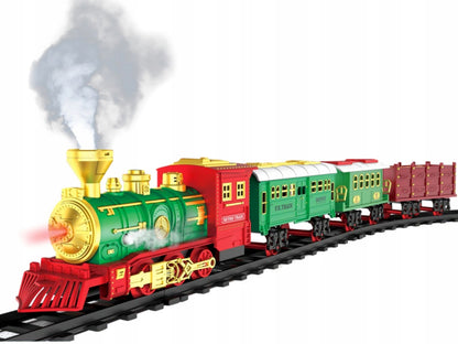 Kalėdinis elektrinis traukinukas su dūmais, vagonėliai, bėgiai, baterijos