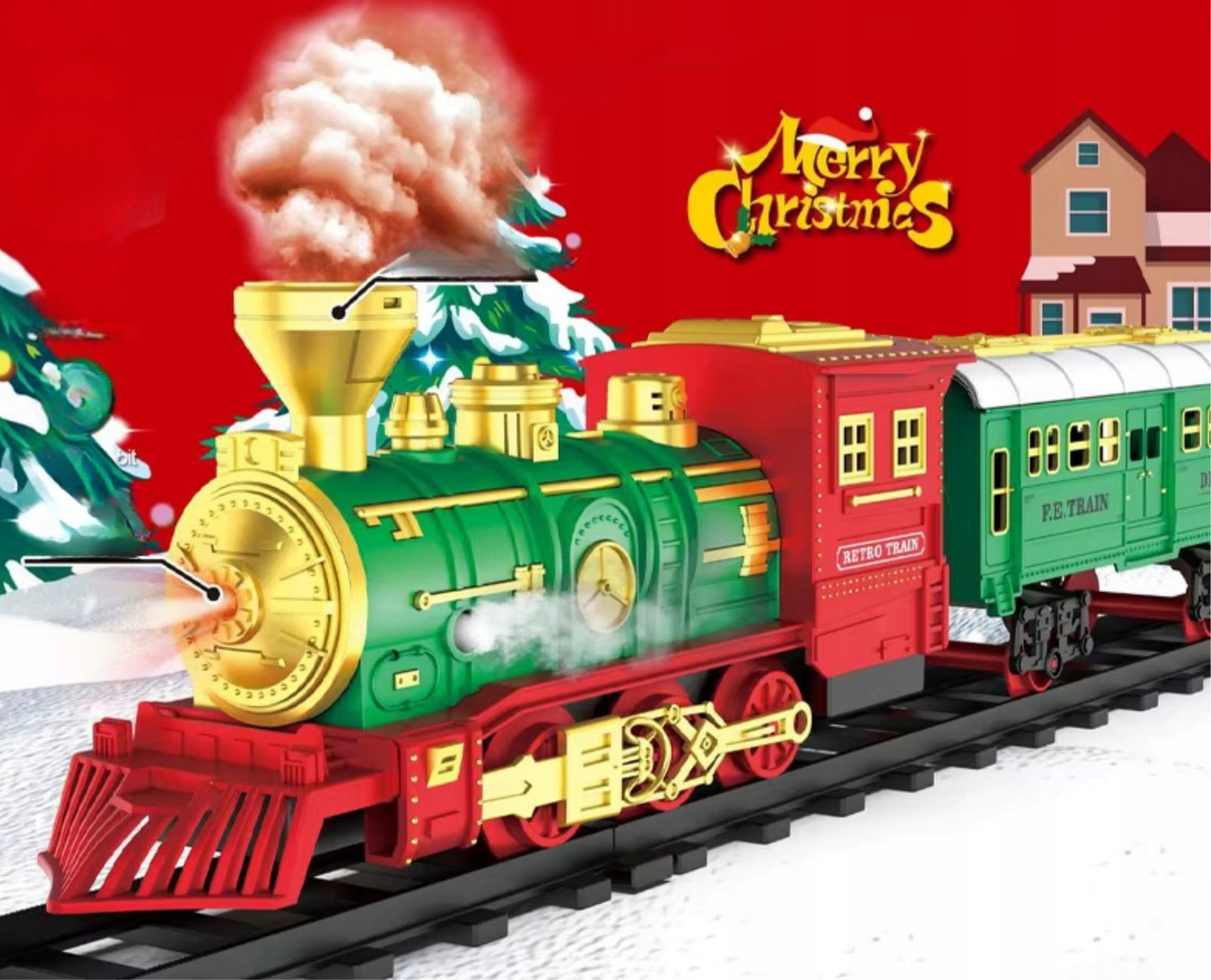 Kalėdinis elektrinis traukinukas su dūmais, vagonėliai, bėgiai, baterijos