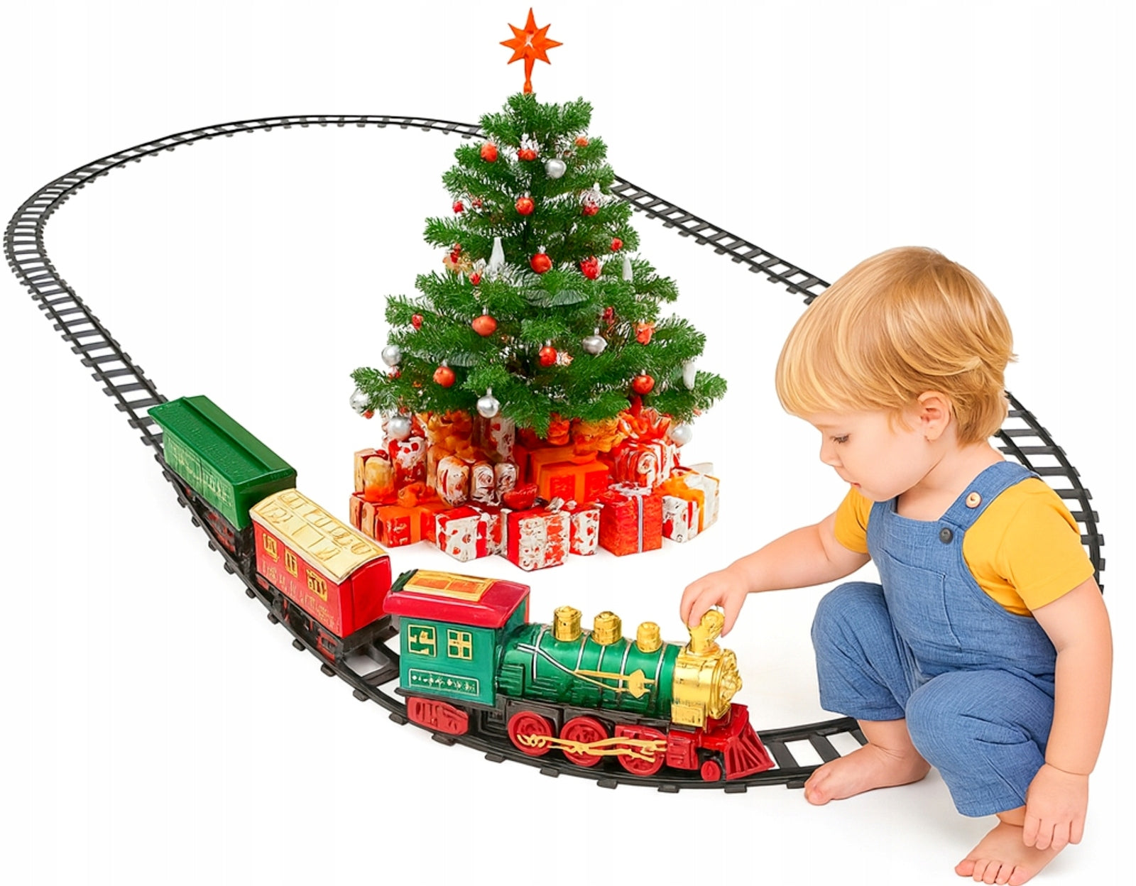 Kalėdinis elektrinis traukinukas su dūmais, vagonėliai, bėgiai, baterijos