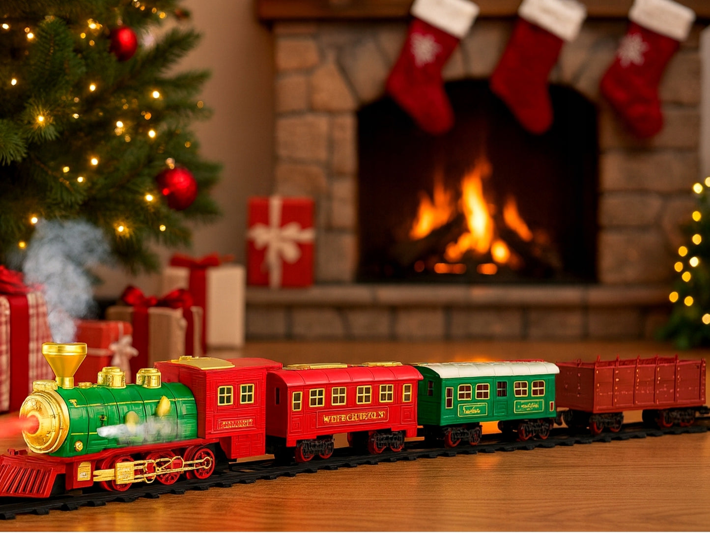 Kalėdinis elektrinis traukinukas su dūmais, vagonėliai, bėgiai, baterijos