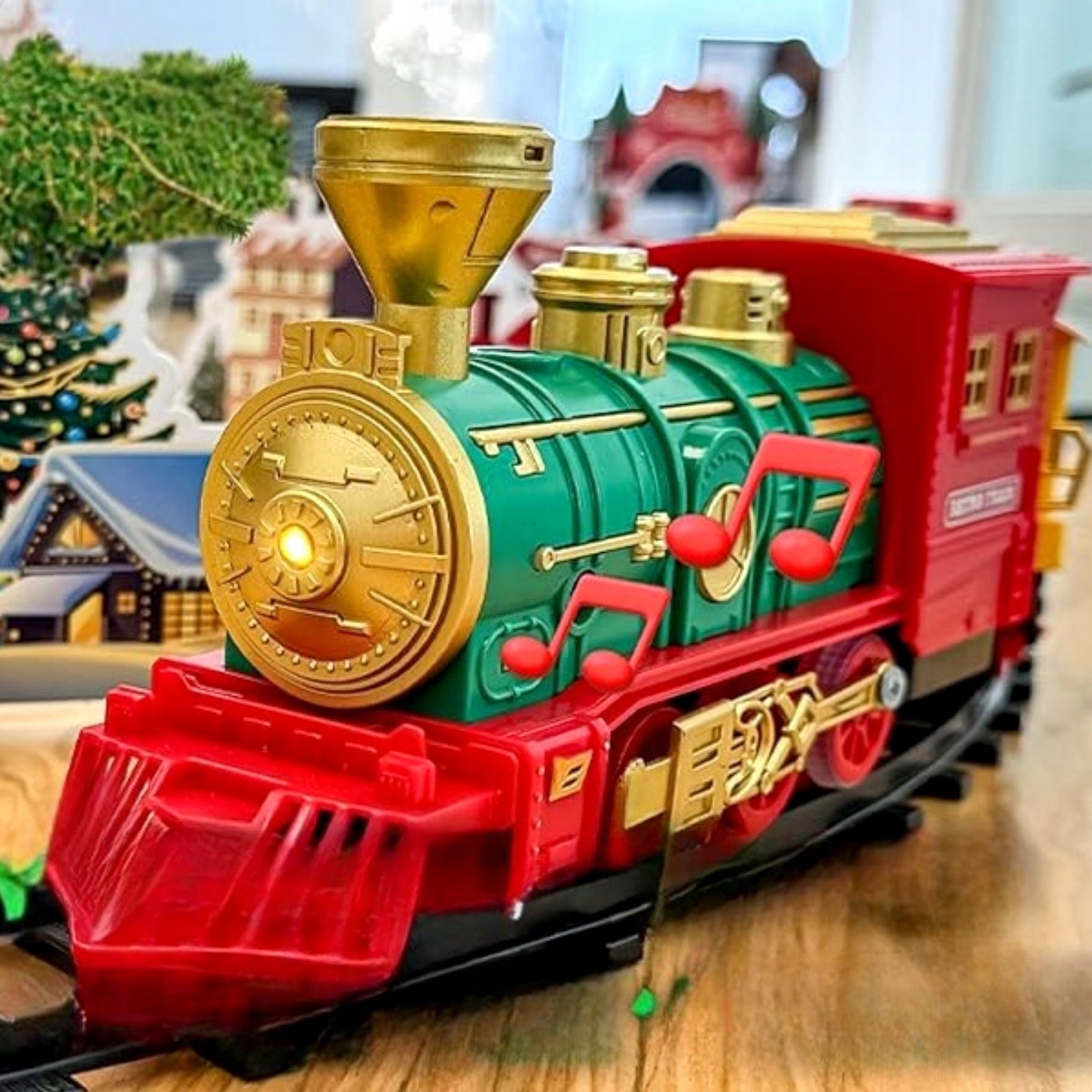 Kalėdinis elektrinis traukinukas su dūmais, vagonėliai, bėgiai, baterijos