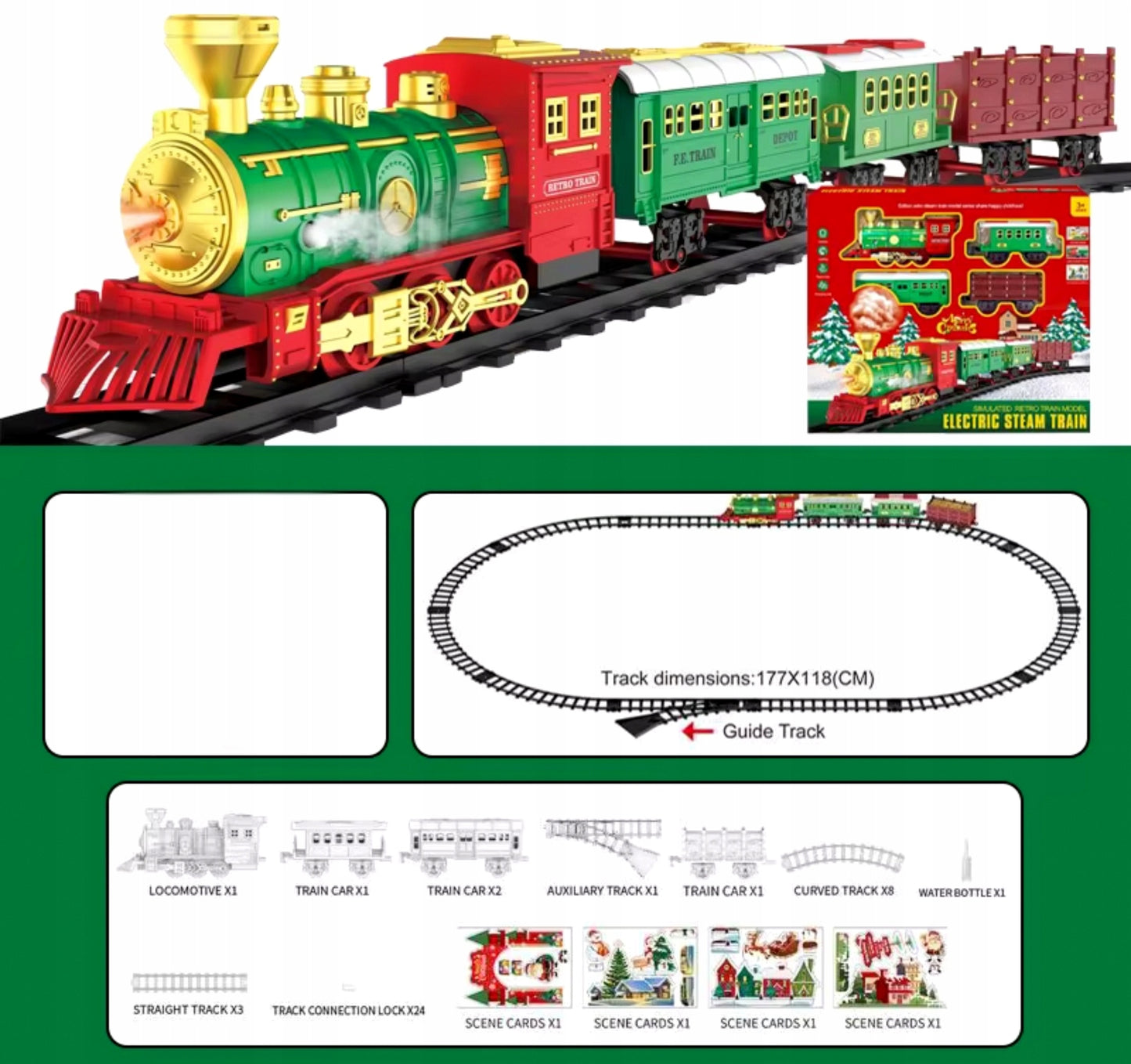 Kalėdinis elektrinis traukinukas su dūmais, vagonėliai, bėgiai, baterijos