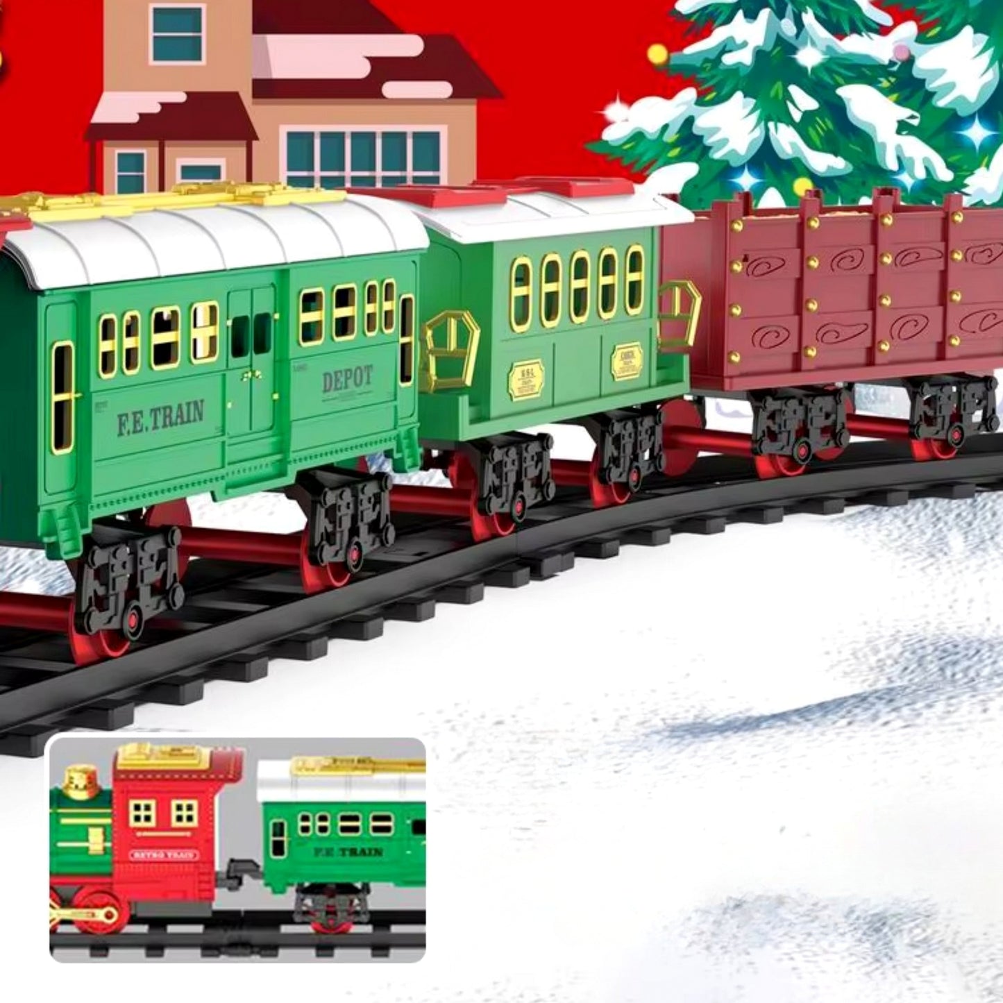 Kalėdinis elektrinis traukinukas su dūmais, vagonėliai, bėgiai, baterijos