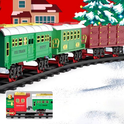 Kalėdinis elektrinis traukinukas su dūmais, vagonėliai, bėgiai, baterijos
