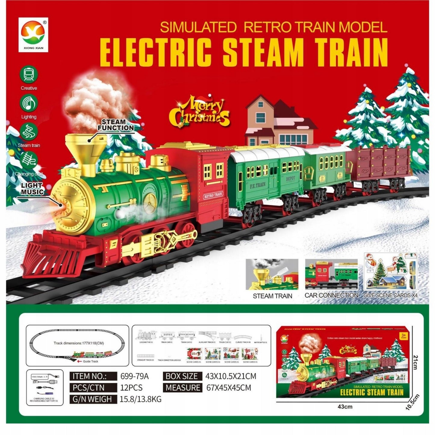 Kalėdinis elektrinis traukinukas su dūmais, vagonėliai, bėgiai, baterijos