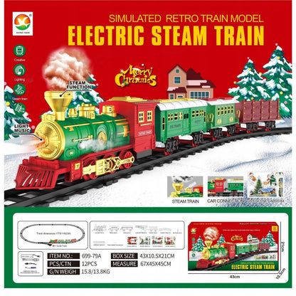 Kalėdinis elektrinis traukinukas su dūmais, vagonėliai, bėgiai, baterijos