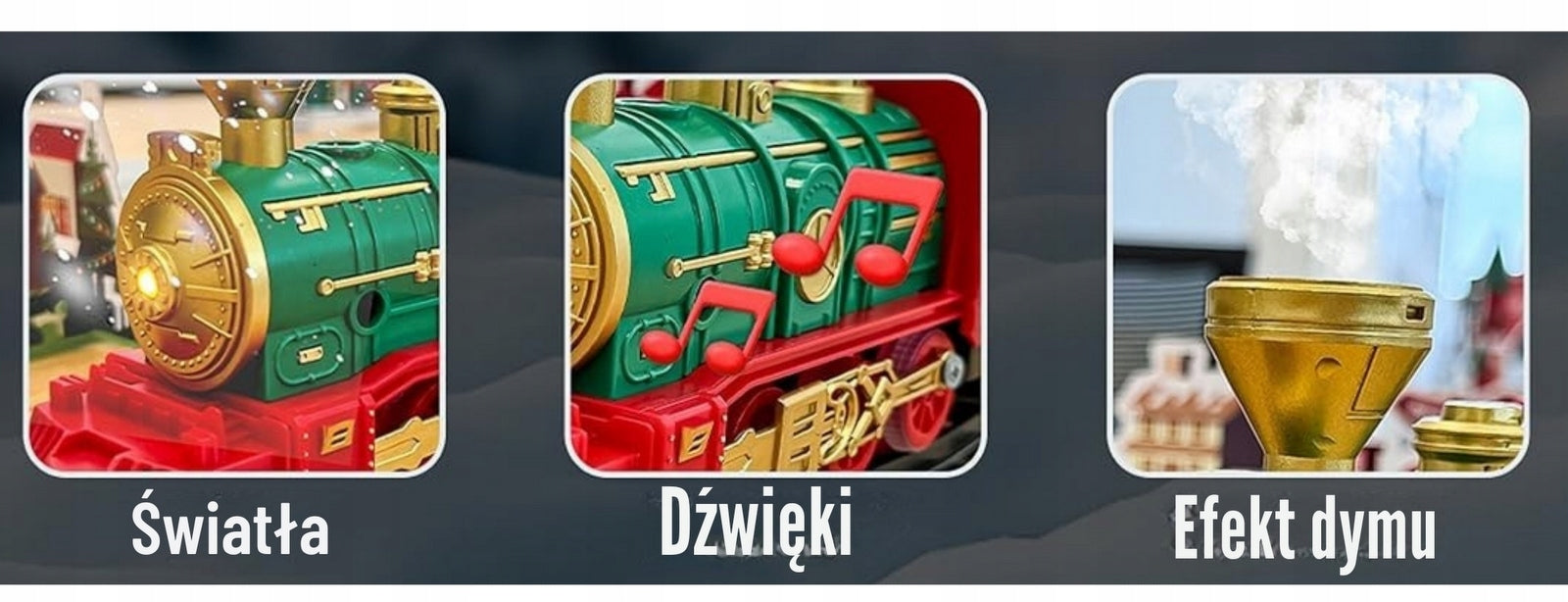 Kalėdinis elektrinis traukinukas su dūmais, vagonėliai, bėgiai, baterijos