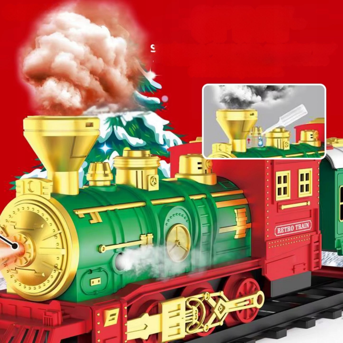 Kalėdinis elektrinis traukinukas su dūmais, vagonėliai, bėgiai, baterijos