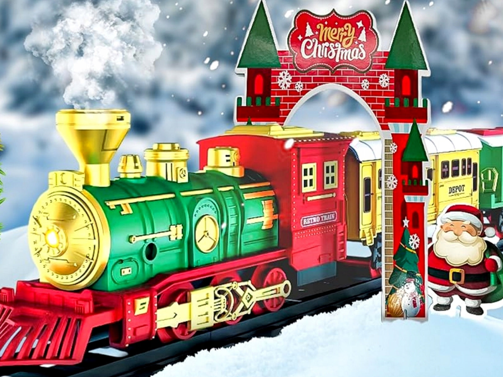 Kalėdinis elektrinis traukinukas su dūmais, vagonėliai, bėgiai, baterijos