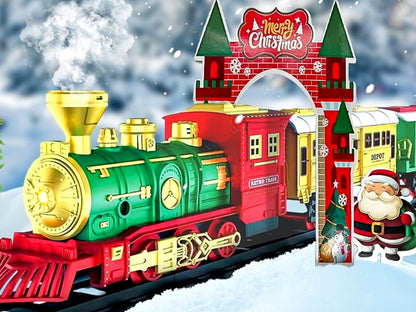 Kalėdinis elektrinis traukinukas su dūmais, vagonėliai, bėgiai, baterijos