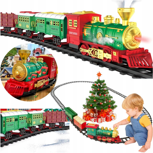 Kalėdinis elektrinis traukinukas su dūmais, vagonėliai, bėgiai, baterijos