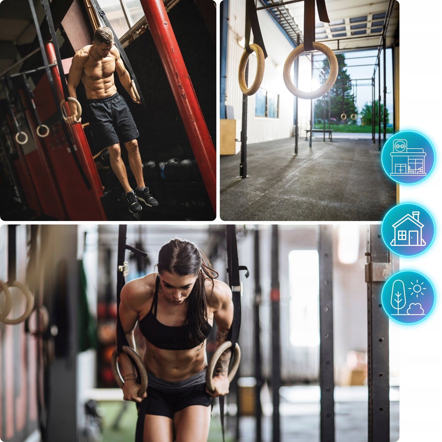 Mediniai gimnastikos žiedai pratimams su matuokliu ir rankenomis