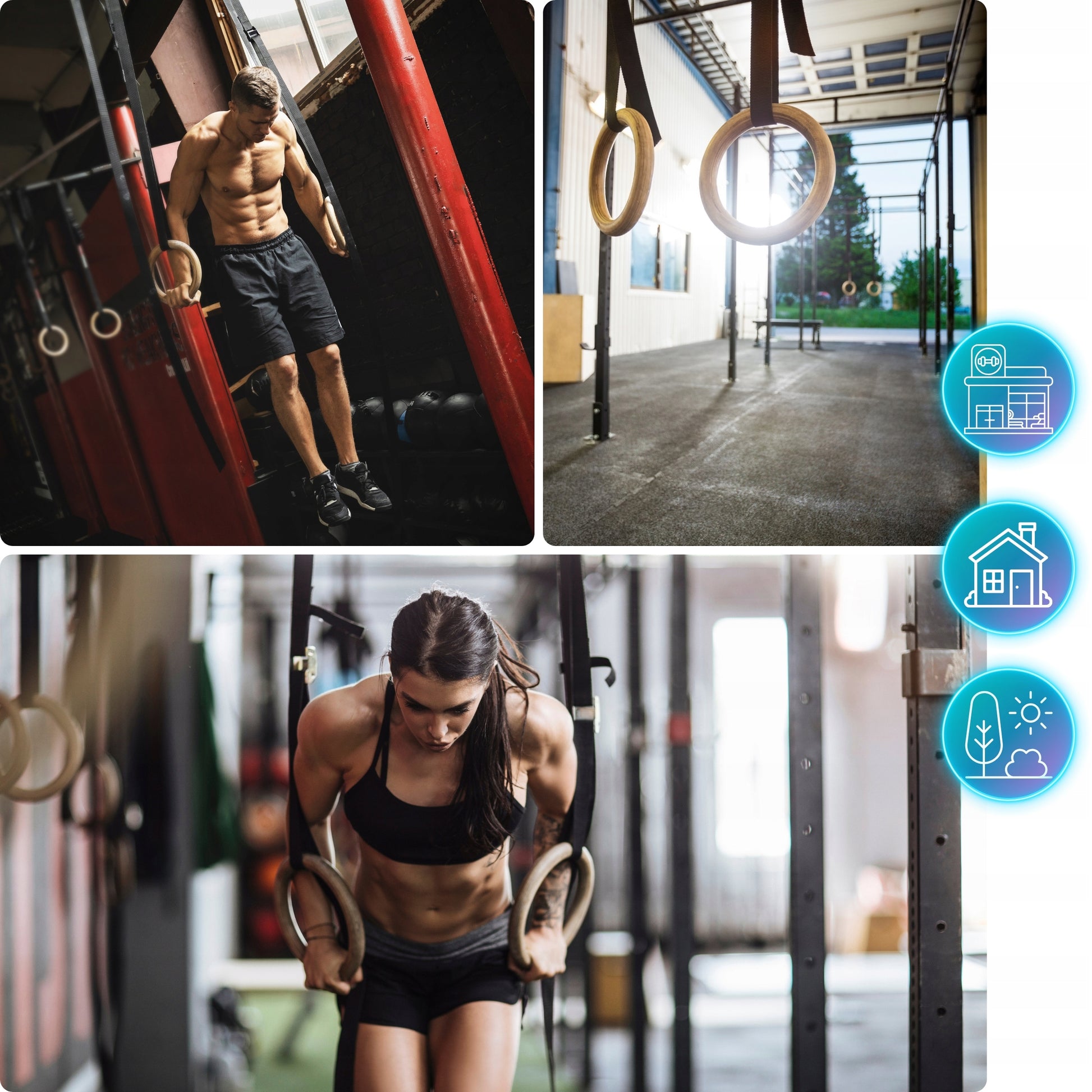 Mediniai gimnastikos žiedai pratimams su matuokliu ir rankenomis