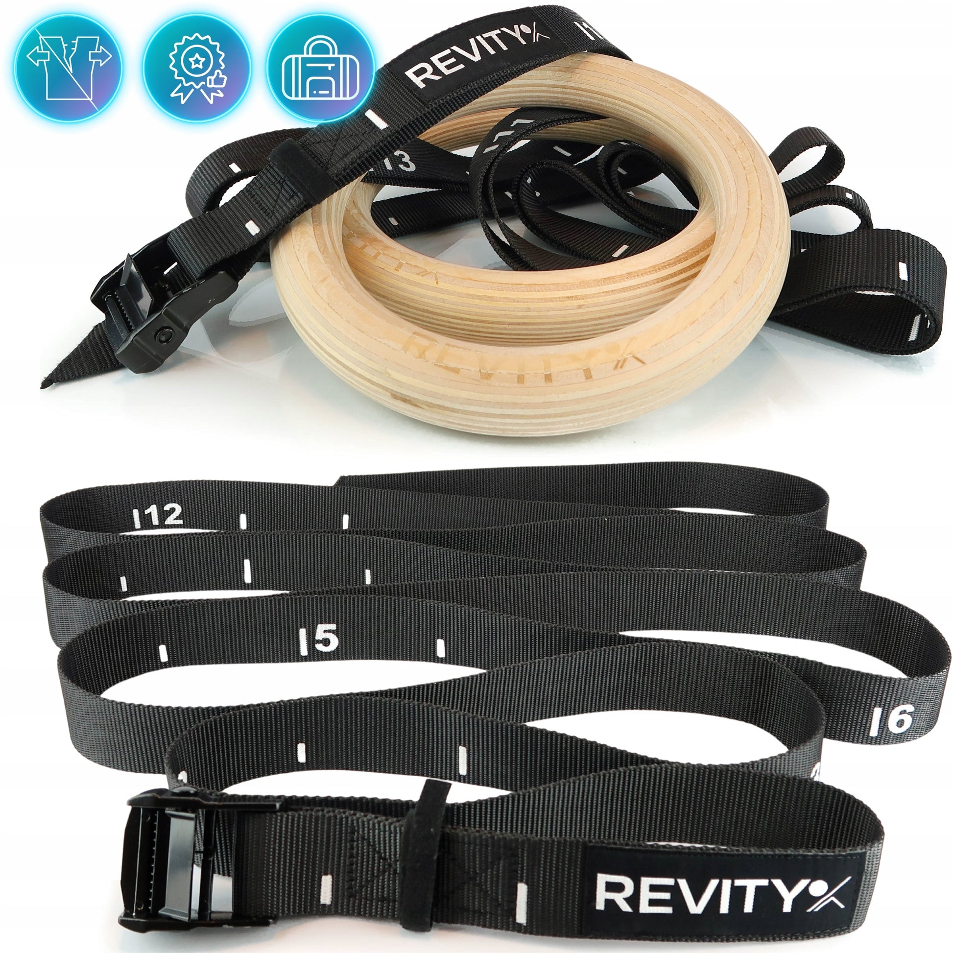 Mediniai gimnastikos žiedai pratimams su matuokliu ir rankenomis