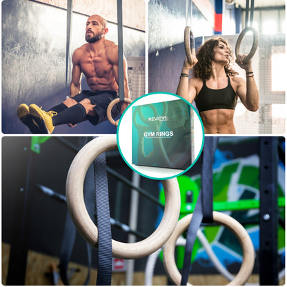 Mediniai gimnastikos žiedai pratimams su matuokliu ir rankenomis