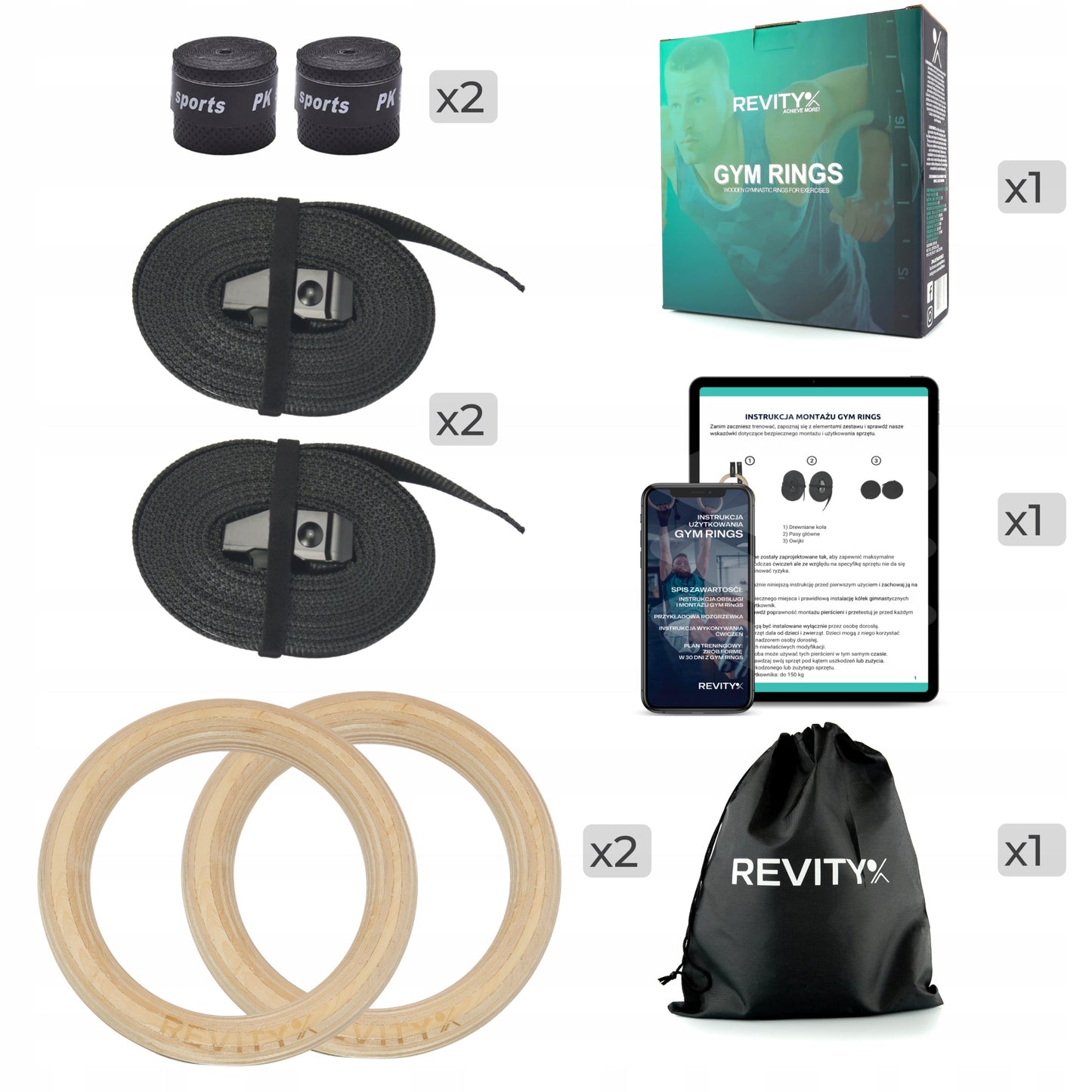 Mediniai gimnastikos žiedai pratimams su matuokliu ir rankenomis