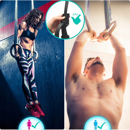 Mediniai gimnastikos žiedai pratimams su matuokliu ir rankenomis