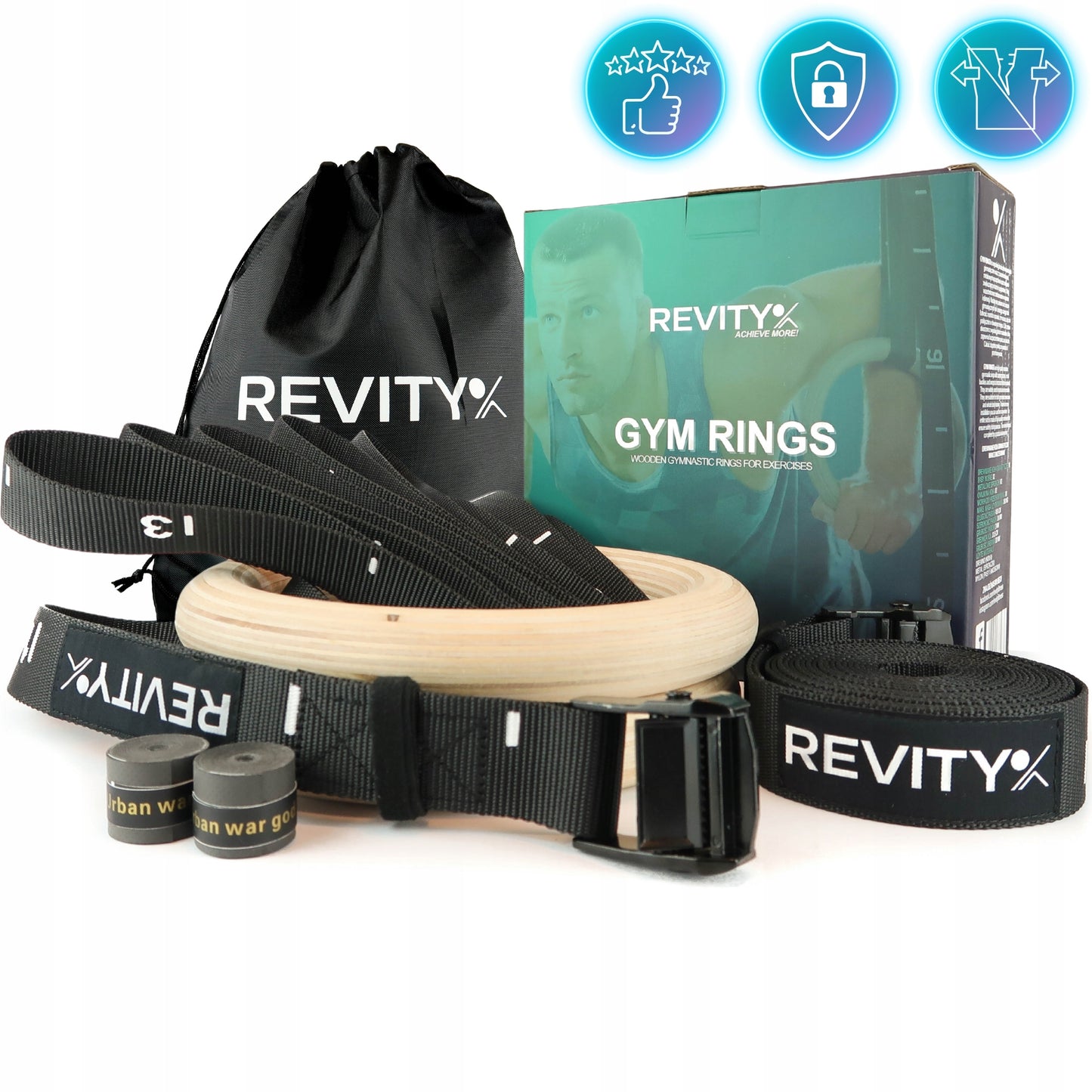 Mediniai gimnastikos žiedai pratimams su matuokliu ir rankenomis