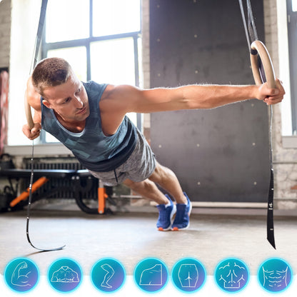 Mediniai gimnastikos žiedai pratimams su matuokliu ir rankenomis