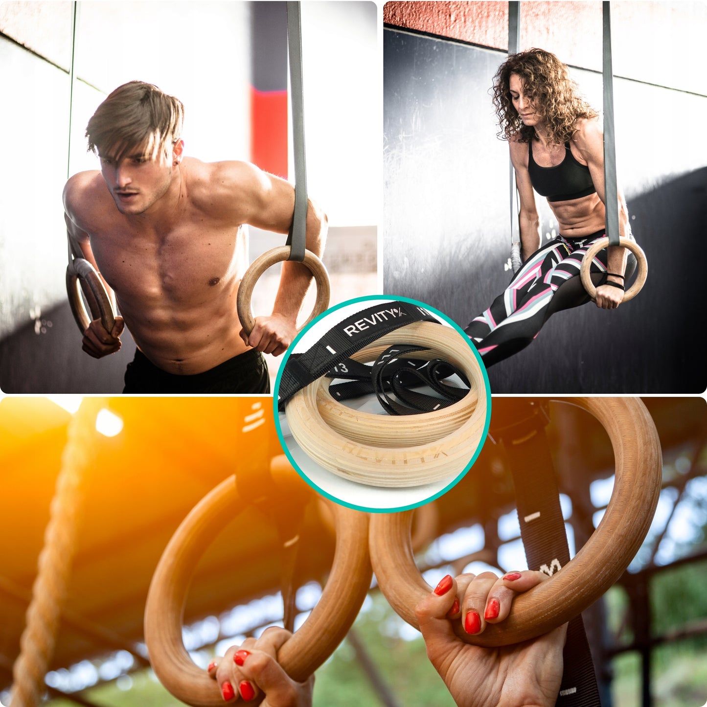 Mediniai gimnastikos žiedai pratimams su matuokliu ir rankenomis