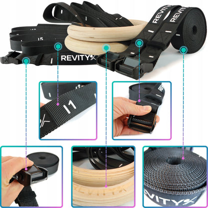 Mediniai gimnastikos žiedai pratimams su matuokliu ir rankenomis