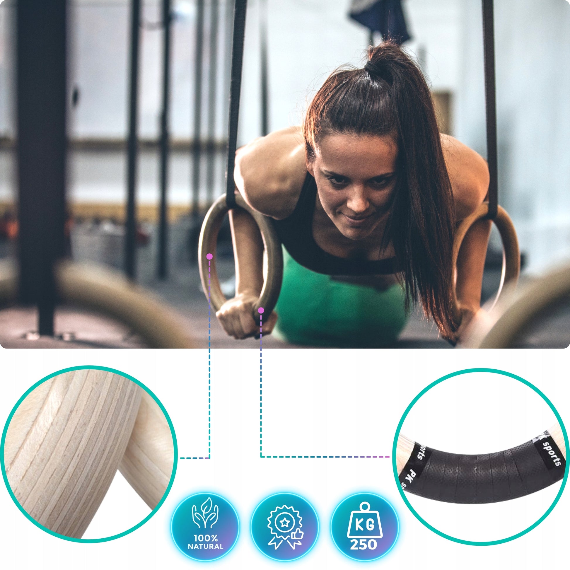 Mediniai gimnastikos žiedai pratimams su matuokliu ir rankenomis