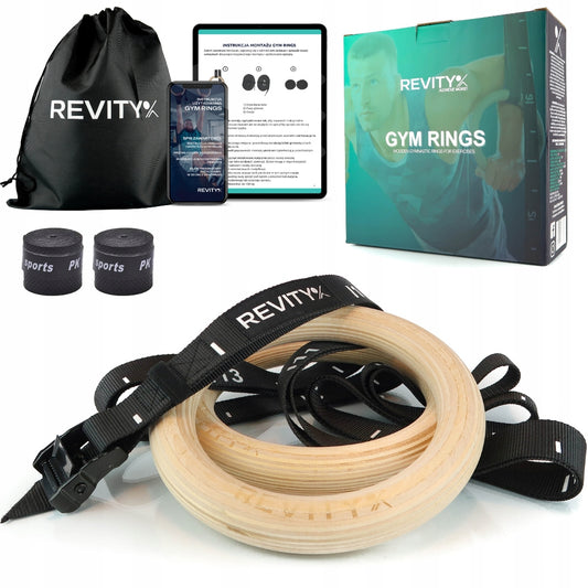 Mediniai gimnastikos žiedai pratimams su matuokliu ir rankenomis