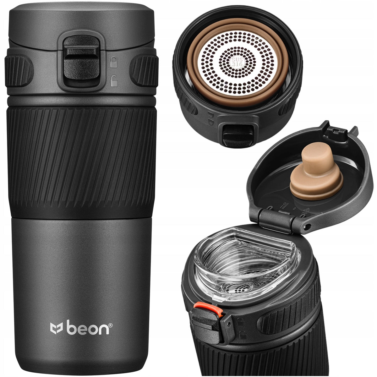 Termostatinis puodelis kavai, arbatai, automobilinis, sandarus, neslystantis, 450 ml