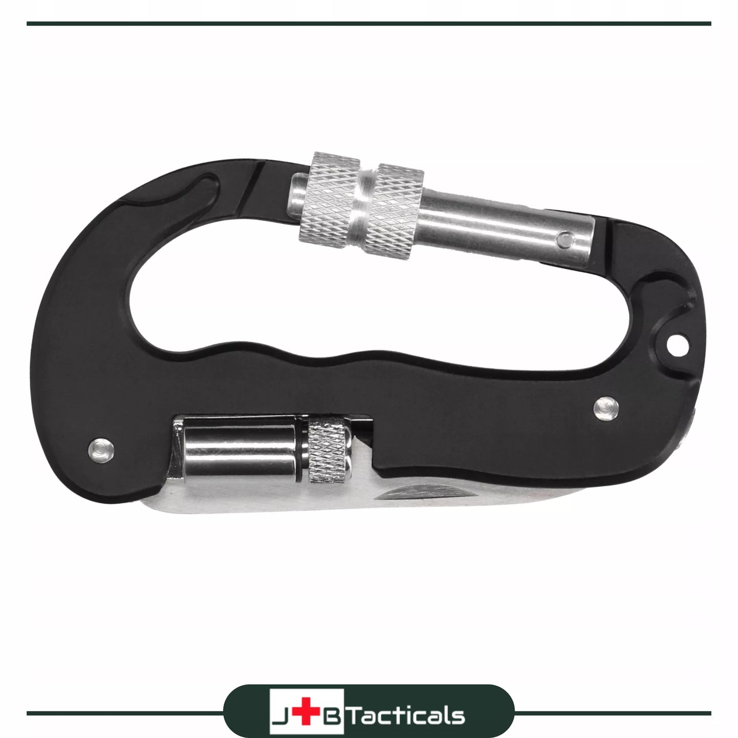 Daugiafunkcinis karabinas su peiliu, pjūklu, žibintuvėliu MULTITOOL 5in1 survivalinis