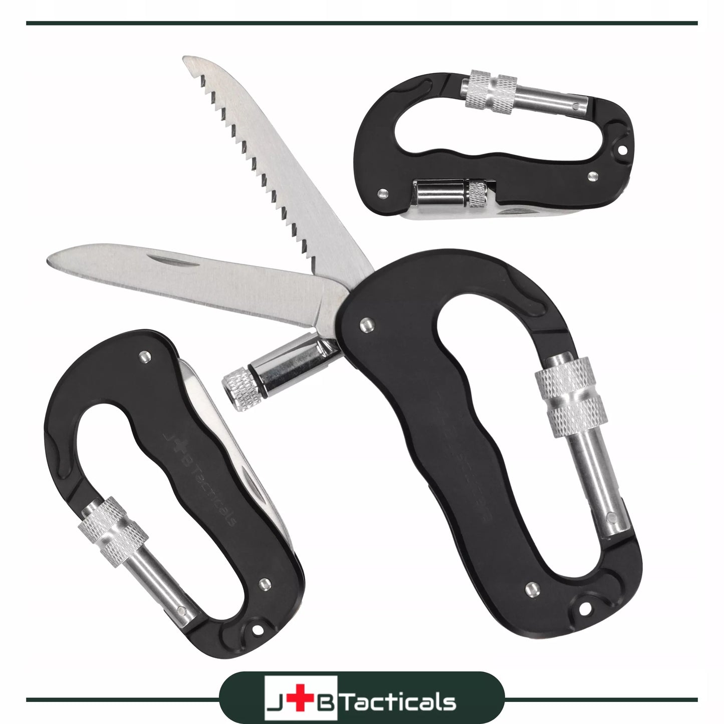 Daugiafunkcinis karabinas su peiliu, pjūklu, žibintuvėliu MULTITOOL 5in1 survivalinis