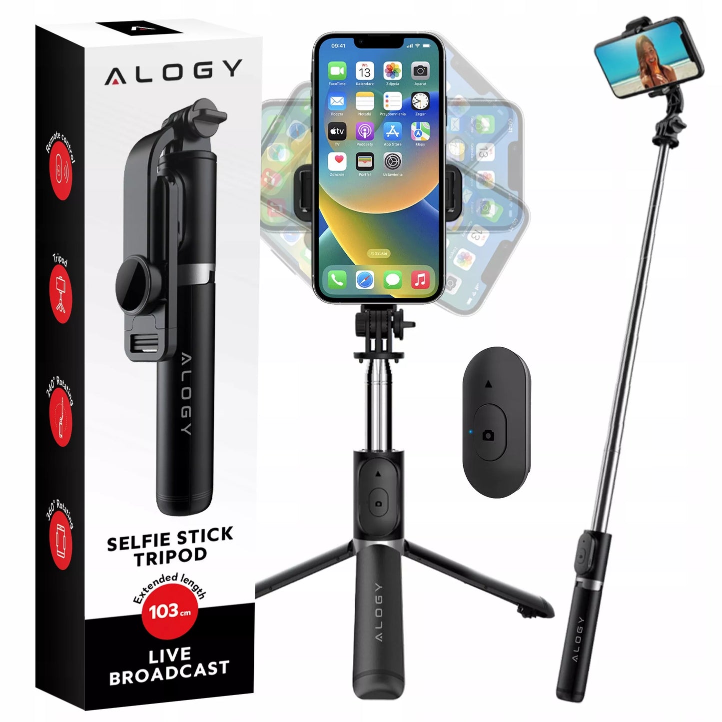 Asmenukių lazdelė, stovas, trikojis, teleskopinis, 360 nuotraukoms + „Bluetooth“ nuotolinio valdymo pultelis – Alogy