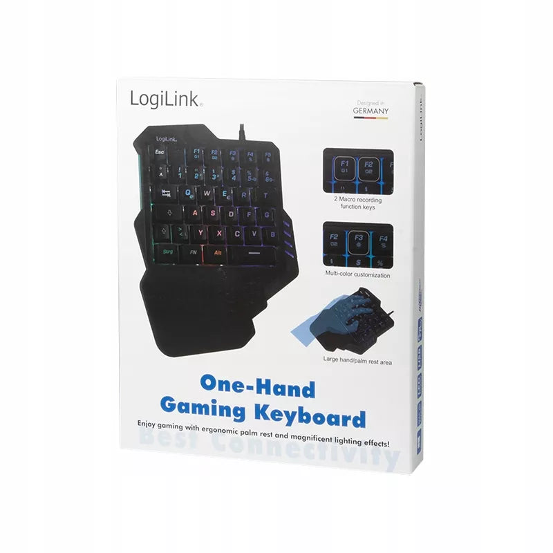 Vienrankė žaidimų klaviatūra LogiLink su LED RGB apšvietimu ir atrama