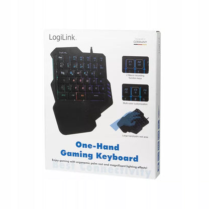 Vienrankė žaidimų klaviatūra LogiLink su LED RGB apšvietimu ir atrama