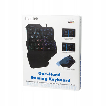 Vienrankė žaidimų klaviatūra LogiLink su LED RGB apšvietimu ir atrama