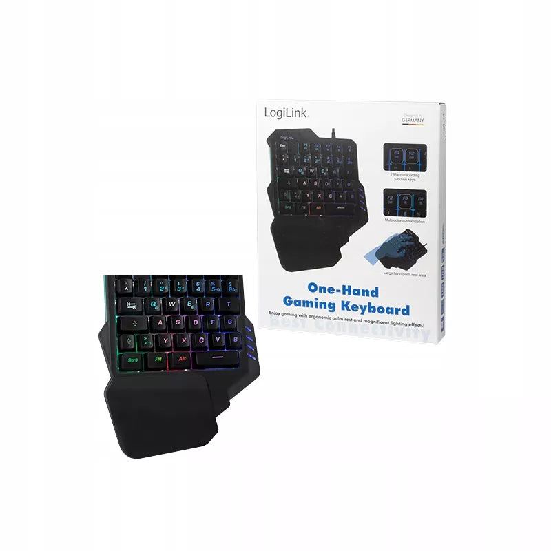 Vienrankė žaidimų klaviatūra LogiLink su LED RGB apšvietimu ir atrama