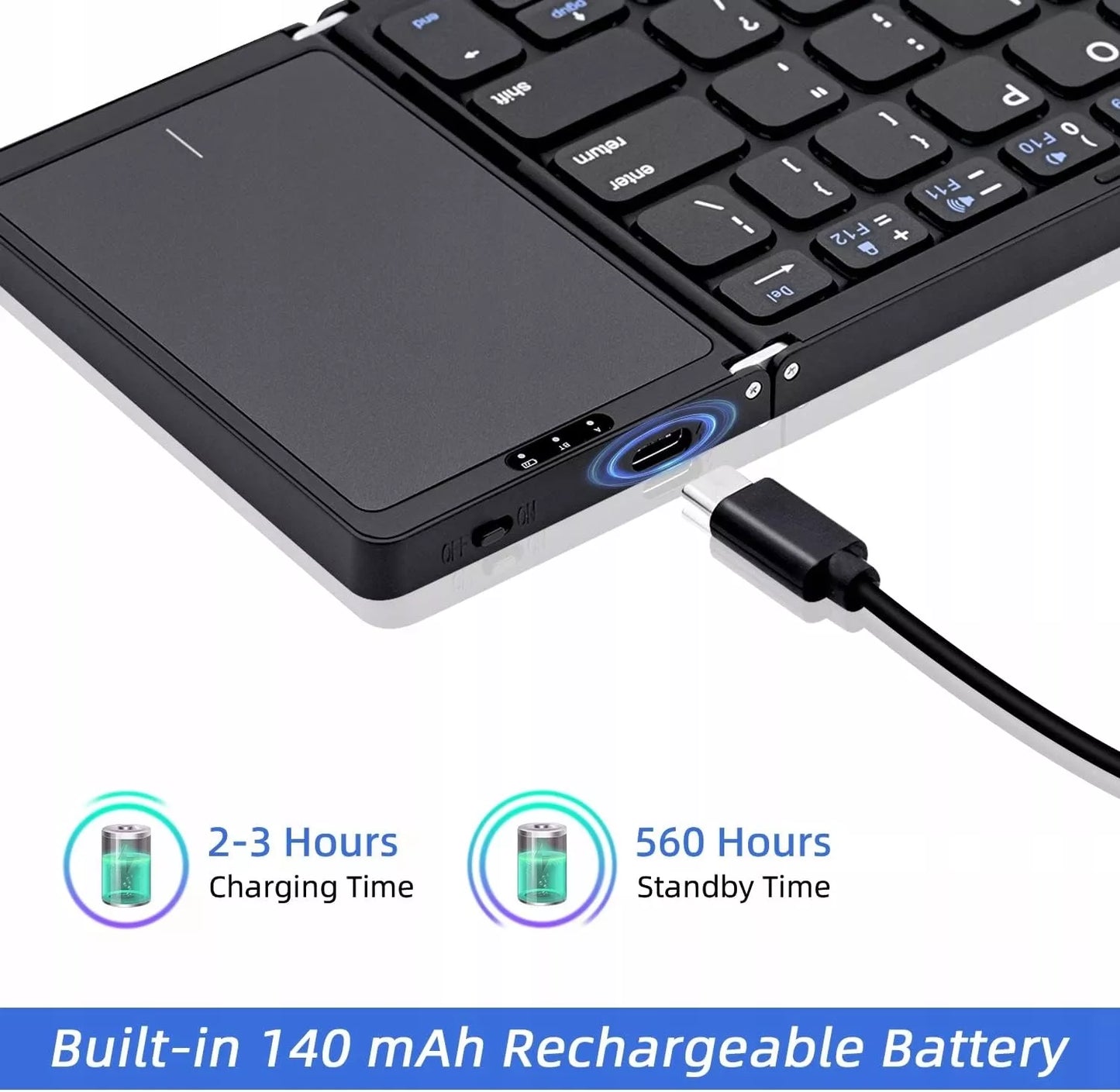 Sulankstoma belaidė „Bluetooth“ klaviatūra su lietimui jautriu skydeliu, QWERTY, tamsiai pilka