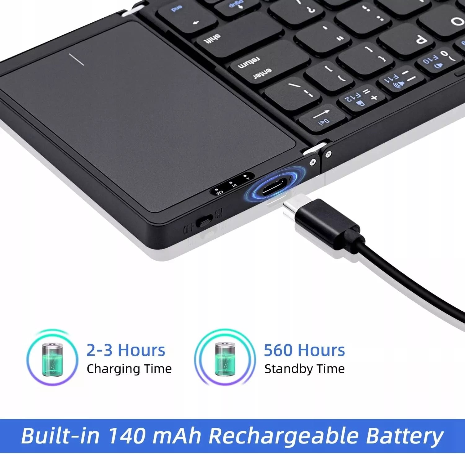 Sulankstoma belaidė „Bluetooth“ klaviatūra su lietimui jautriu skydeliu, QWERTY, tamsiai pilka