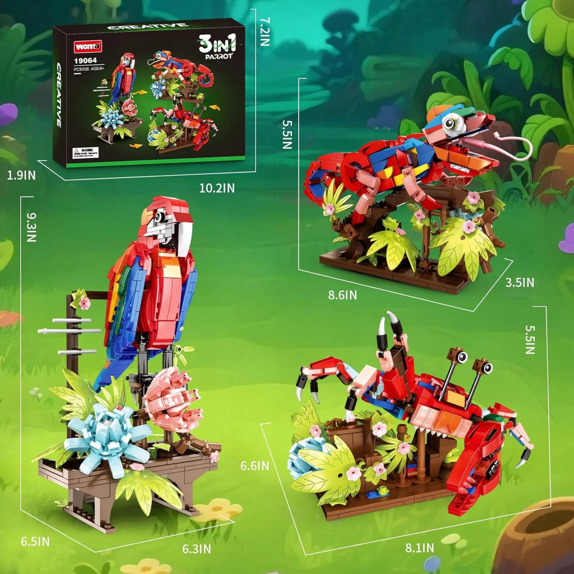Konstrukciniai 3in1 kaladėlės Papūga Chameleon Krabas Creator rinkinys 538 detalės