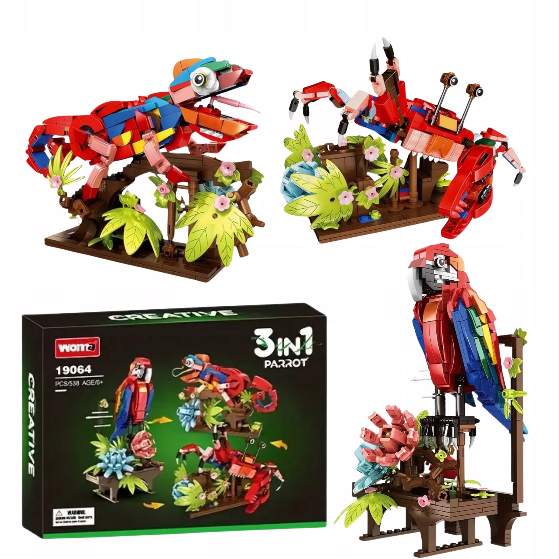 Konstrukciniai 3in1 kaladėlės Papūga Chameleon Krabas Creator rinkinys 538 detalės