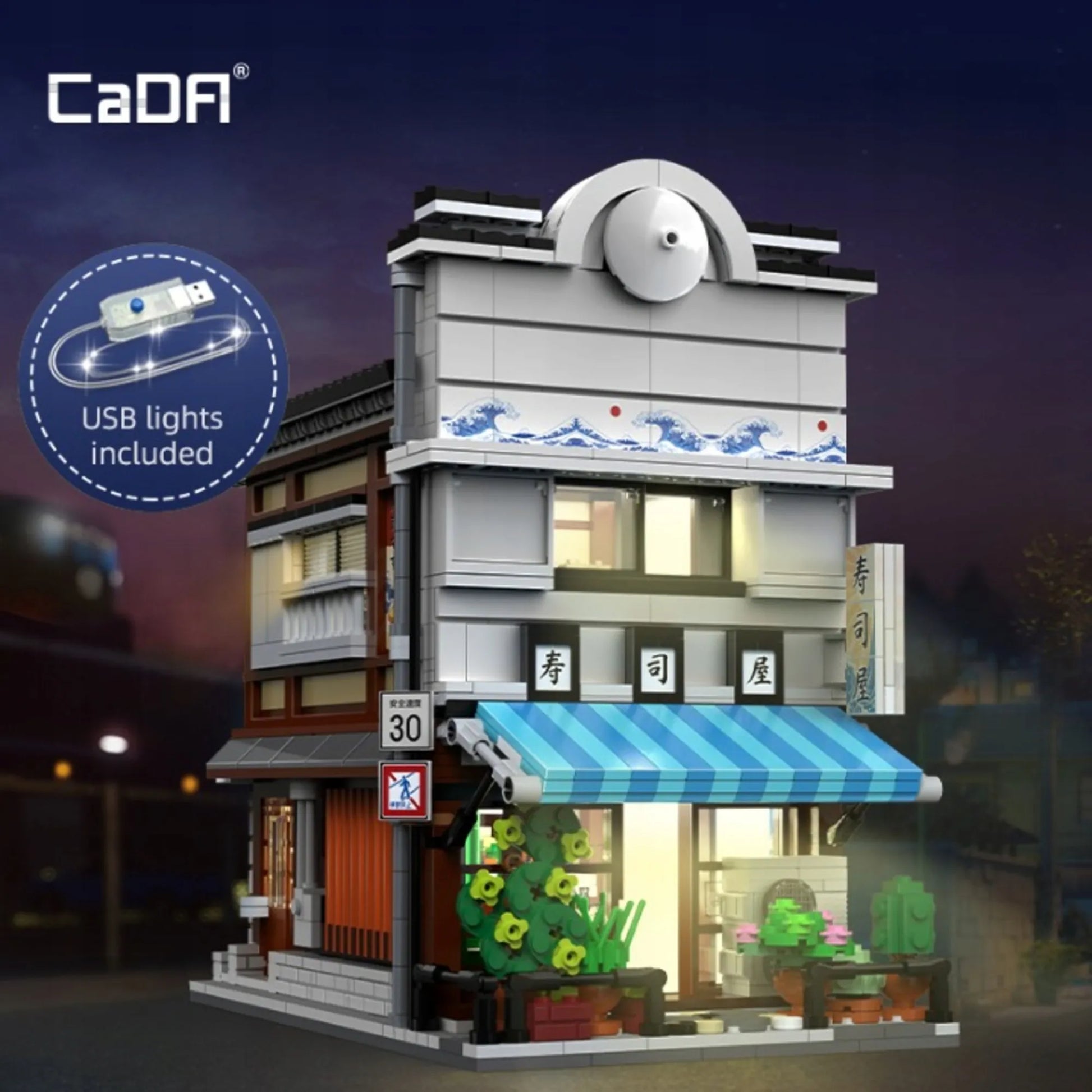 CaDA konstukcinis rinkinys Sushiya Shop, 1665 dalys su LED apšvietimu