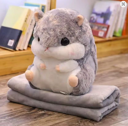 Pilka žiurkėno antklodė 3in1 rinkinys 200cm antklodė pagalvėlė minkštas žaislas 2in1 pliušinis žaislas